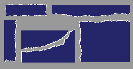 Set of various blank torn paper pieces and rough edge banners in deep blue and gray on isolated background. Abstract scrapbook collage elements, distressed texture text boxes, and broken border shapes