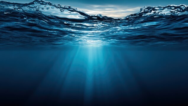 A split view of the ocean; above showing splashing water and below with light beams