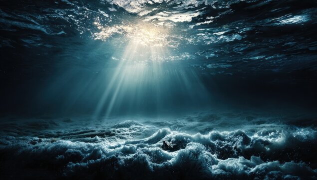 Underwater view with sunbeams piercing the dark ocean depths above churning waves - Powered by Adobe