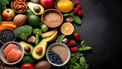 healthy food variety on black background representing nutrition and balanced diet
