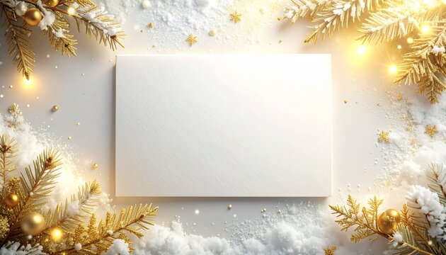Elegant white card with delicate gold snow particle frame, luxury soft vignette illumination and minimal festive copy space