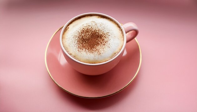 the cup of frothy cappuccino on pink saucer with cocoa dusting and minimal background