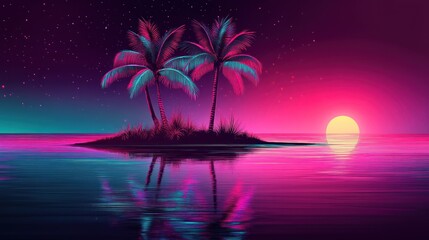 Neon island at sunset