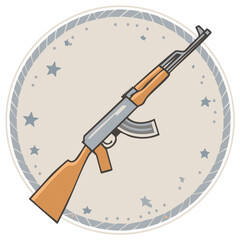 Naklejka premium Modern automatic weapon illustration icon with wooden elements in a decorative star-filled circle badge