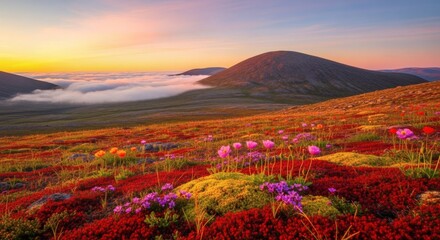 Naklejka premium Arctic Bloom Tundra flowers bask under golden sunset in mountain vista.