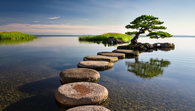 serene zen garden stepping stones with bonsai tree