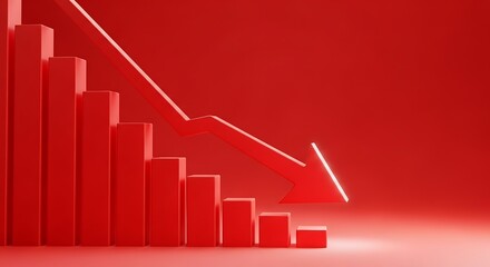 A red bar graph with a downward trending arrow indicating financial loss or economic recession concept isolated on white background