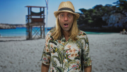 Man opens mouth in shock on sandy coastline near lifeguard tower wearing straw hat and floral shirt; surprise.