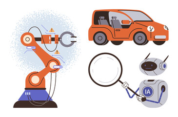Fototapeta premium Robotic arm assembling, autonomous car, magnifying glass held by AI robot. Ideal for innovation, AI, robotics, automation smart cars Industry 4.0 futuristic concepts. Simple flat metaphor