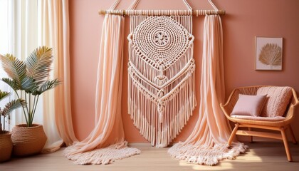 bohemian macrame wall hanging with peach curtains and sheer drapes