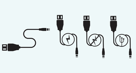 Vector icons of various data cables and connectors in minimal outline style. Perfect for illustrating technology devices, USB connections, charging accessories, digital equipment, and electronic inter