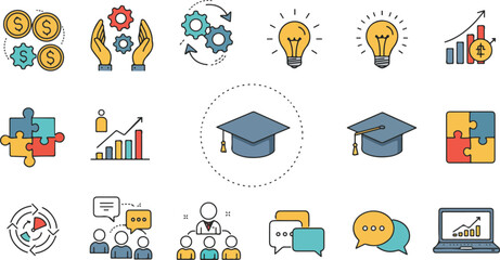 Doodle icons representing ideas innovation growth strategy and success