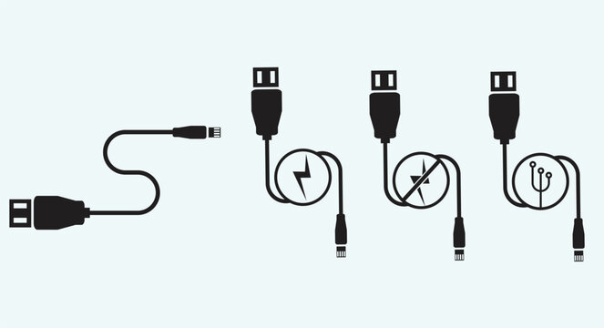 Vector icons of various data cables and connectors in minimal outline style. Perfect for illustrating technology devices, USB connections, charging accessories, digital equipment, and electronic inter