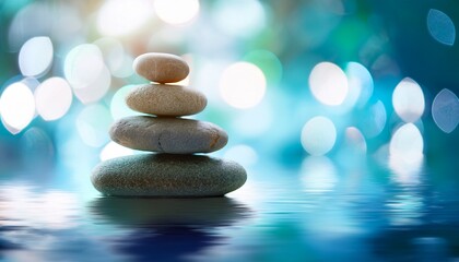 serene stacked stones in blue water with bokeh background