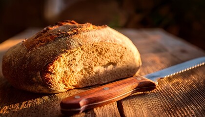 rustic bread and knife in warm natural light