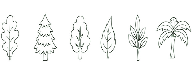 Collection of simple line art trees and leaves in various shapes