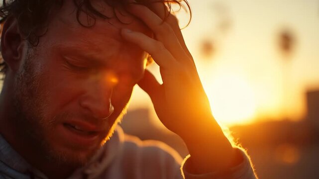 A man is seen in silhouette against a warm sunset, holding his head with one hand. The man appears to be deep in thought as the sunlight glimmers around him.