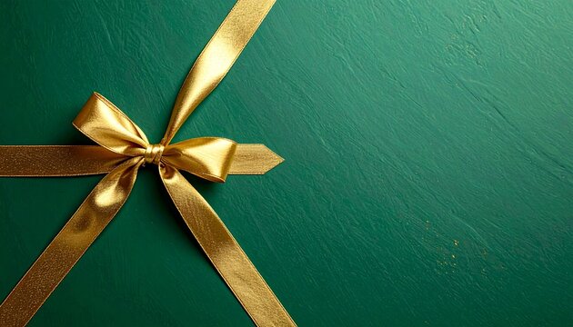 Minimal green Christmas card background with diagonal gold ribbon bow, elegant premium holiday layout with text space