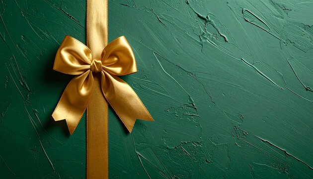 Minimal green Christmas card background with diagonal gold ribbon bow, elegant premium holiday layout with text space