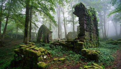 overgrown medieval ruins in misty forest