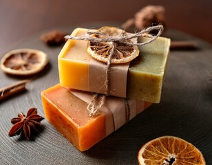 handmade herbal soap bars with dried citrus