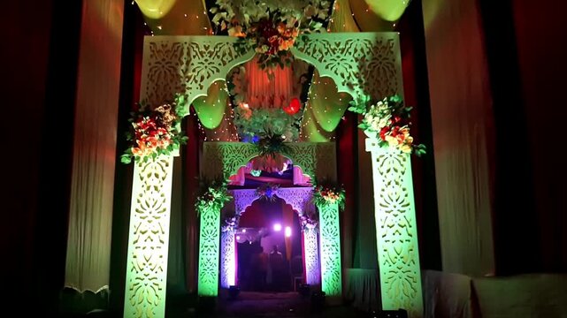 Ornate illuminated entrance archway with floral arrangements and decorative pillars at a festive event or wedding celebration