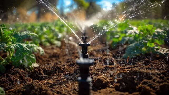 Dynamic medium shot capturing subsurface drip irrigation with varied emitter types underground emphasizing water conservation and improved plant growth.