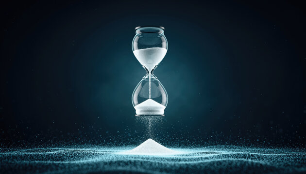 Distorted hourglass leaking luminous sand into dark void. concept of lost time, pressure, and loss emotion with glowing particles on surreal blue background