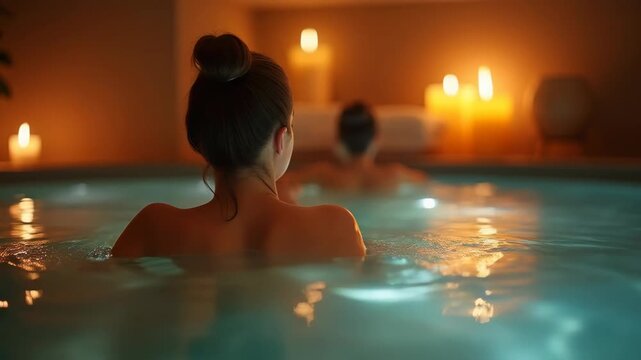Relaxing and unwinding in a serene spa environment with candles and soothing steam during a peaceful evening 
