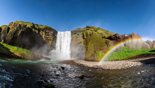 the waterfall with full rainbow arch over rugged cliffs and flowing water