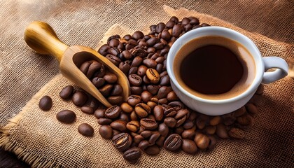 the cup of coffee on burlap with roasted beans and wooden scoop