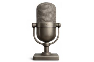 Vintage metal microphone on a transparent background representing broadcast, podcasting, and retro audio recording equipment