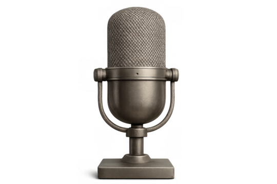 Vintage metal microphone on a transparent background representing broadcast, podcasting, and retro audio recording equipment - Powered by Adobe
