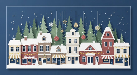 Fototapeta premium Illustration of a snowy christmas village with decorated houses and christmas trees in the background created with generated ai