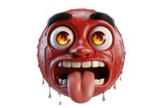 Hyperrealistic 3d rendering of a cartoonish fiery red monster face with wide eyes and dripping details