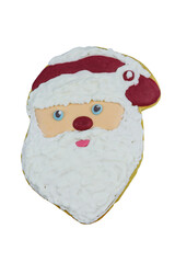 Christmas gingerbread cookie made in shape of Santa Claus isolated on white background