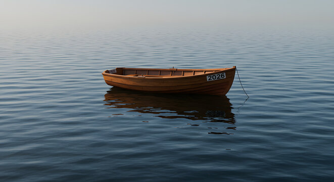 A lone wooden rowboat floats serenely on calm rippling water under a hazy sky.