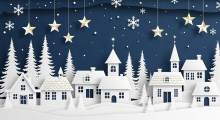Fototapeta premium Winter scene with white paper cut village trees snowflakes and gold stars hanging from above on dark blue created with generated ai
