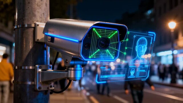 Surveillance camera with advanced facial recognition technology monitoring urban street at night. Data analysis shown on holographic display. Lockdown shot followed by horizontal panning.