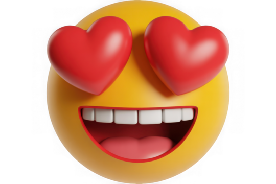 Radiant yellow emoji face with red heart eyes and big grin symbolizing love and excitement - Powered by Adobe