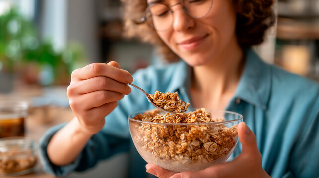 Faceless individual photographing grain dish for energy calculation defocused blurred breakfast background oatmeal documentation nutritional tracking activity meal logging