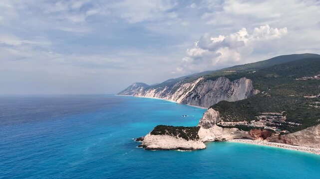 Porto Katsiki cliffs and turquoise bay aerial view in Greece