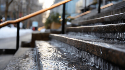 Frozen slippery stairway surface steps faceless fall hazard defocused blurred ice covered background winter danger icy stair conditions cold weather risk seasonal walking