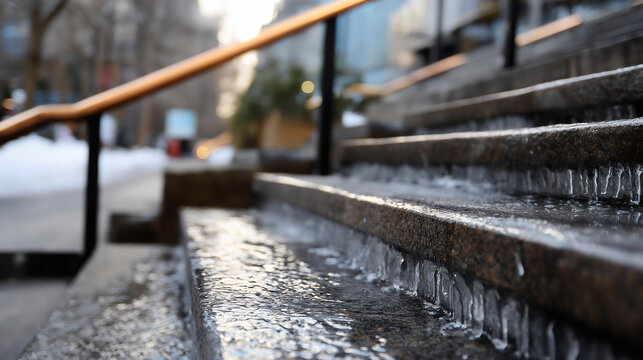Frozen slippery stairway surface steps faceless fall hazard defocused blurred ice covered background winter danger icy stair conditions cold weather risk seasonal walking
