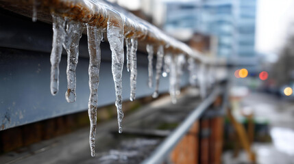 Hazardous elongated ice formations icicles on building edge faceless danger scene defocused roof background winter property hazard frozen water accumulation seasonal safety © Kateryna