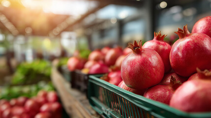Red fruit low in energy content soft defocused produce background pomegranate display healthy food visualization nutritional value indication diet friendly fruit scene with