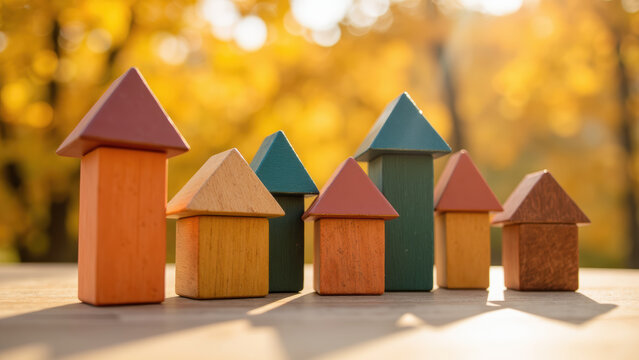 Colorful wooden building blocks arranged playful manner, set against backdrop of autumn foliage. warm sunlight enhances vibrant colors