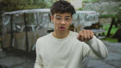 Young man with glasses stands pointing finger to camera on street in green park backed by camper; curiosity.