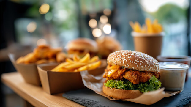 Detailed view of quick service meals including burger hot dogs chicken fries soft defocused fast food background high energy meal closeup convenience food display dietary