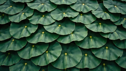Naklejka premium Lush green lily pads create serene and tranquil atmosphere, showcasing nature beauty and harmony